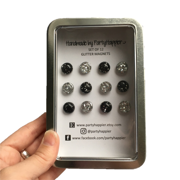 Black and Silver Glitter Magnets