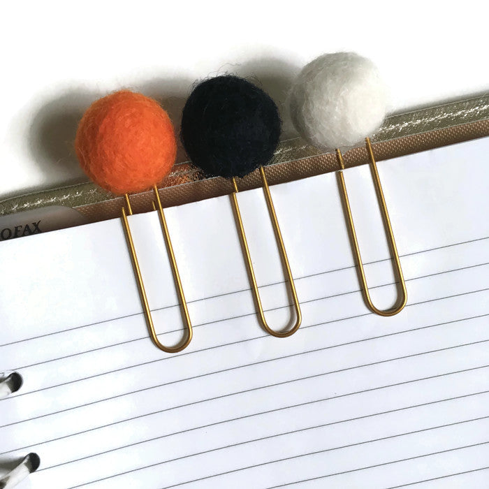 Carrot, Ebony, & Snow Felt Pom Paper Clips