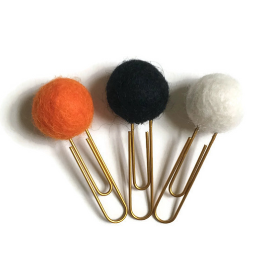 Carrot, Ebony, & Snow Felt Pom Paper Clips