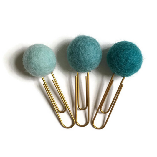 Soft Celeste, Aqua Bloom, & Empress Teal Felt Pom Paper Clips