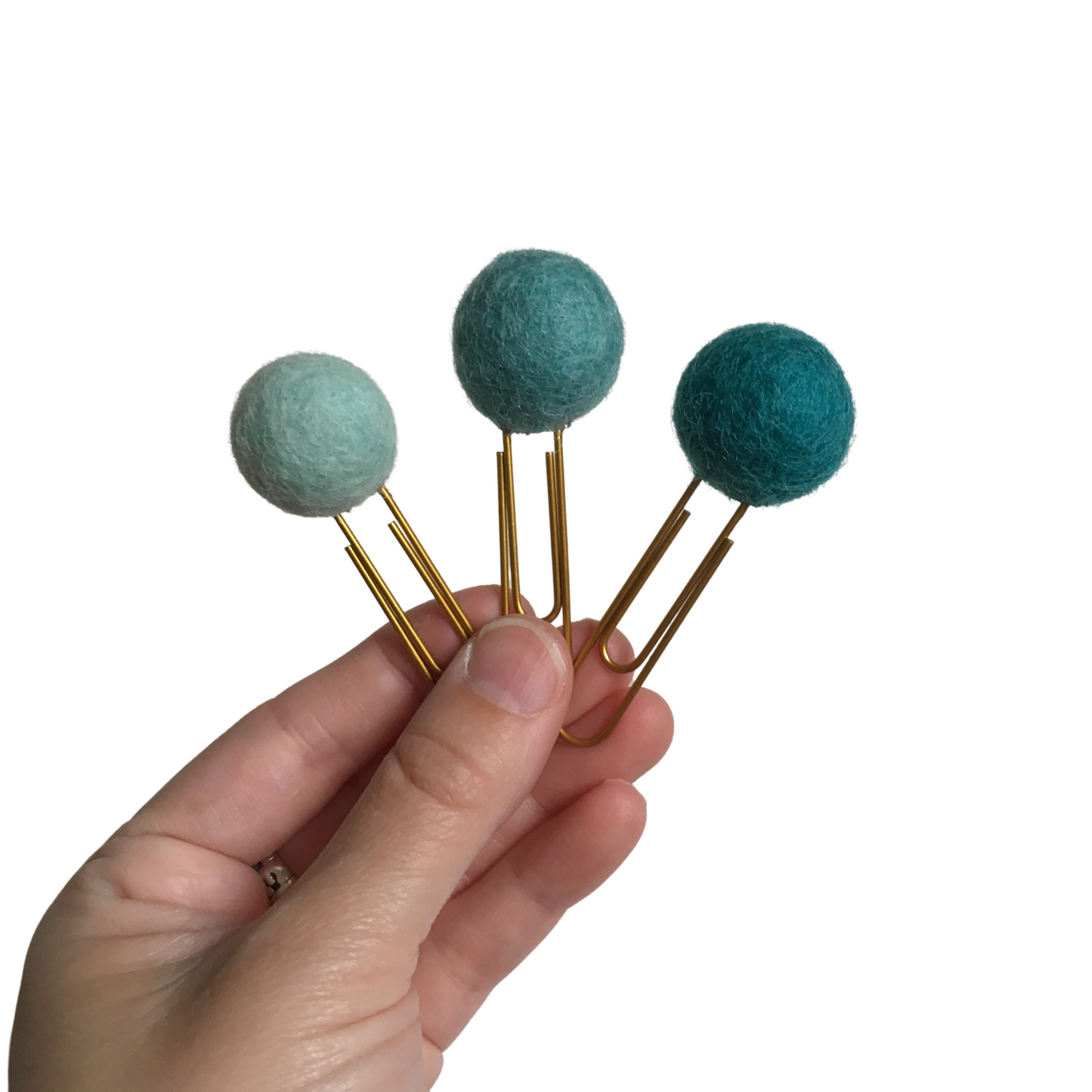 Soft Celeste, Aqua Bloom, & Empress Teal Felt Pom Paper Clips