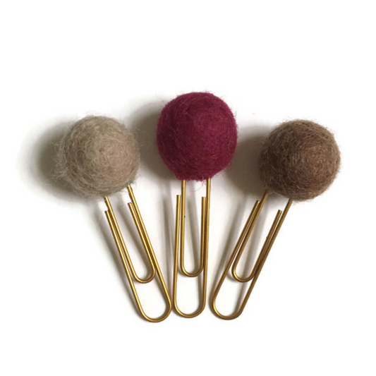 Beige, Dark Red, & Chocolate Felt Pom Paper Clips