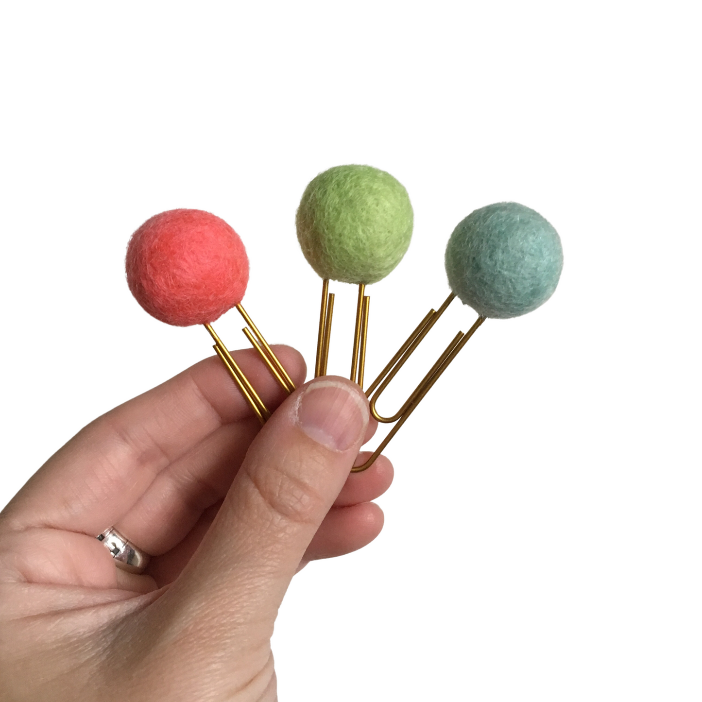 Coral, Mint, & Soft Celeste Felt Pom Paper Clips