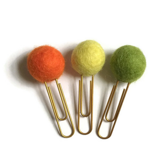 Carrot, Lemon Drop, & Pea Green Felt Pom Paper Clips