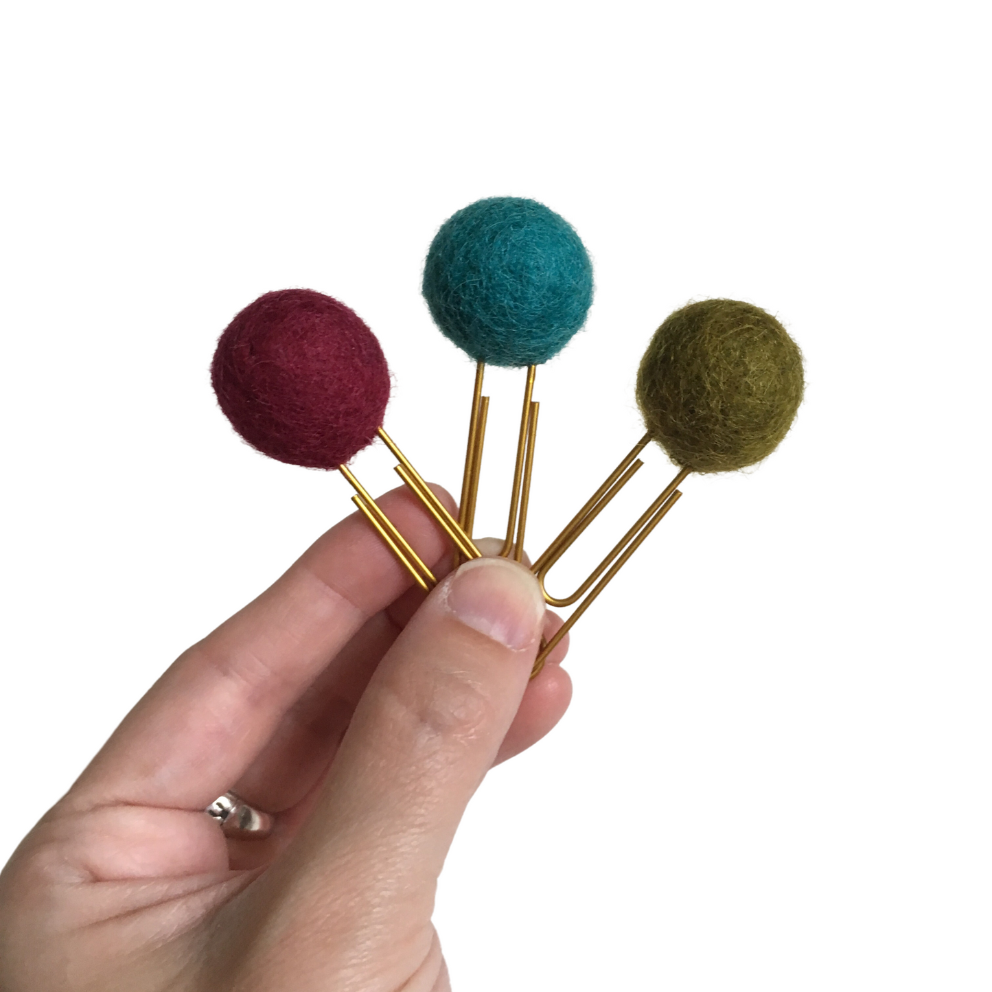 Empress Teal, Dark Red, & Olive Felt Pom Paper Clips