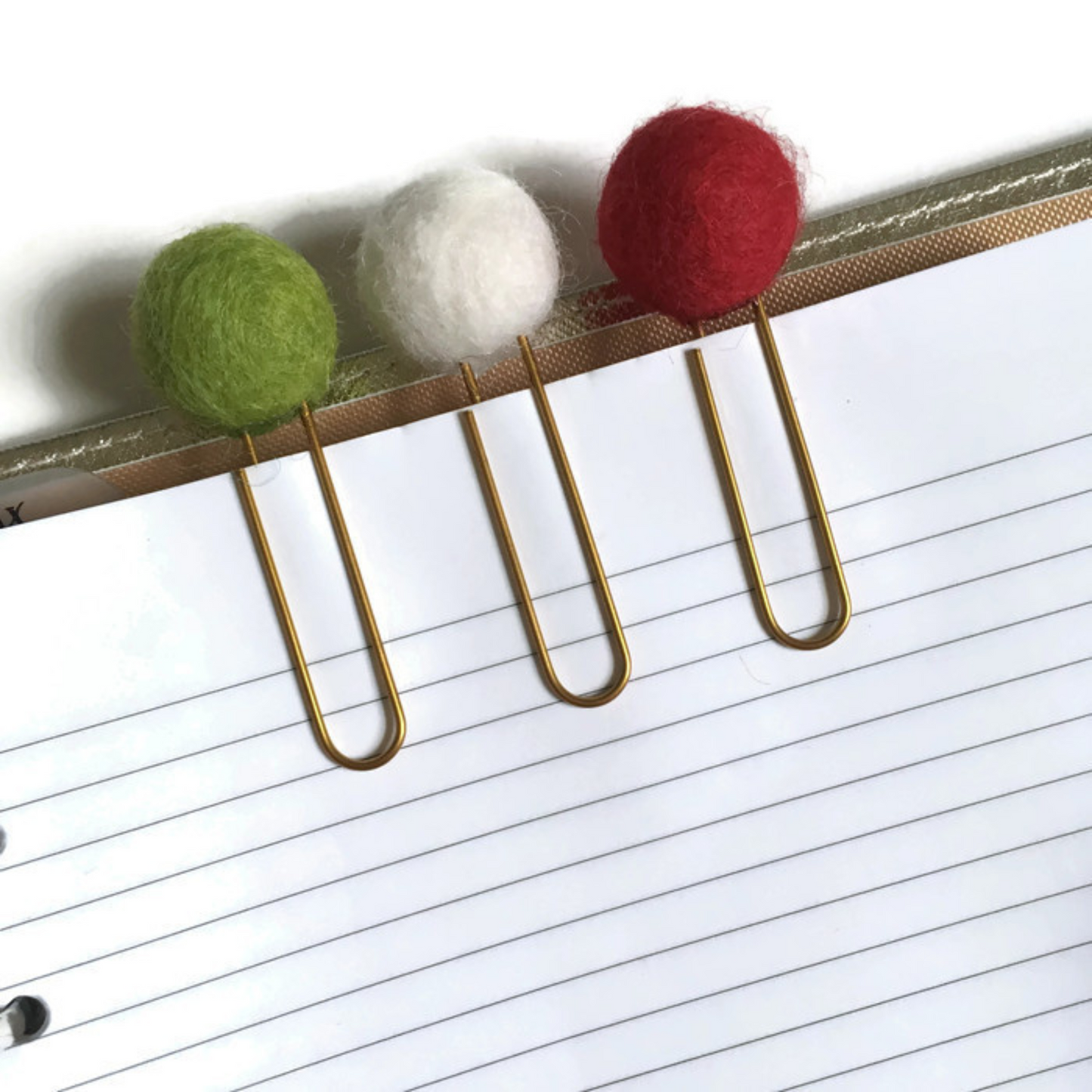 Scarlet, Pea Green, & Snow Felt Pom Paper Clips