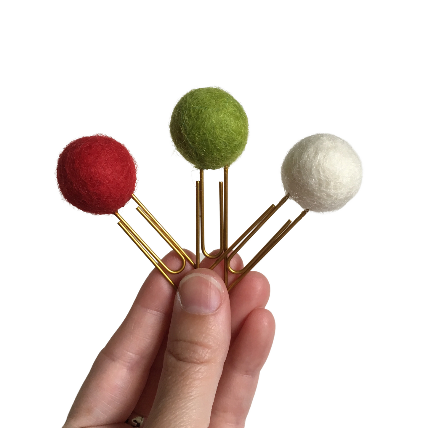 Scarlet, Pea Green, & Snow Felt Pom Paper Clips