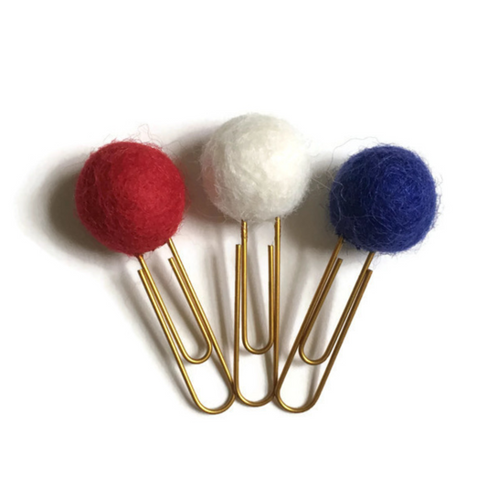 Scarlet, Snow, & Cobalt Felt Pom Paper Clips