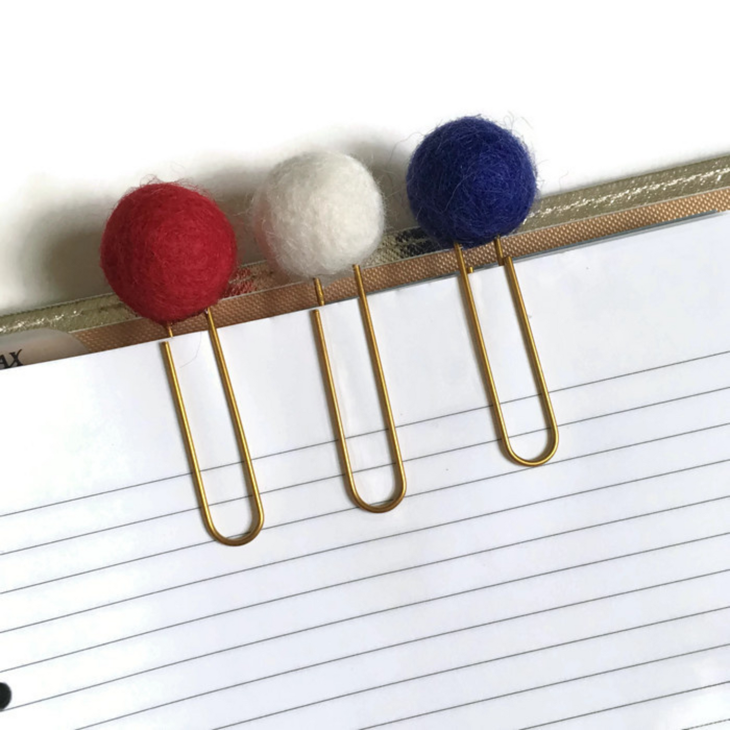 Scarlet, Snow, & Cobalt Felt Pom Paper Clips