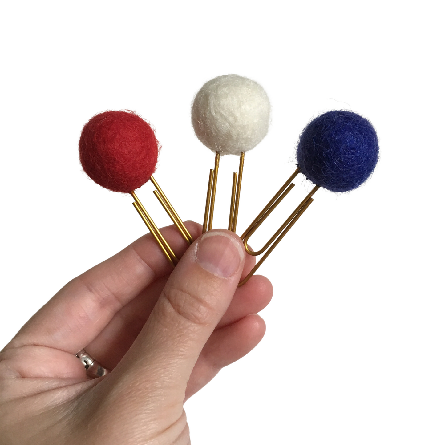 Scarlet, Snow, & Cobalt Felt Pom Paper Clips
