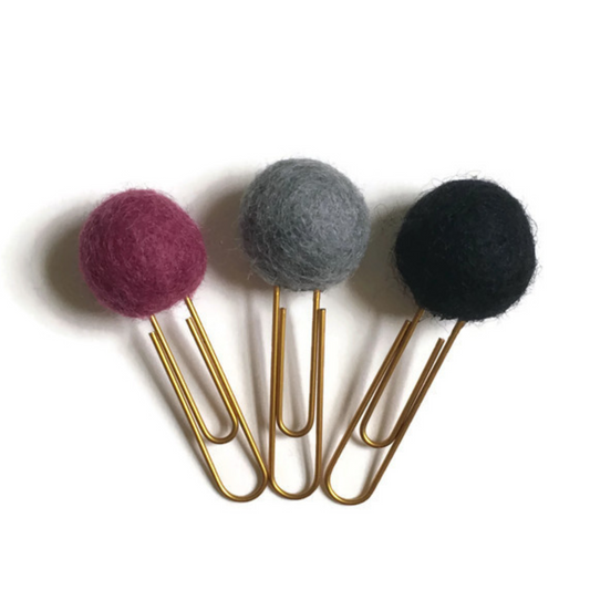 Raspberry, Slate, & Ebony Felt Pom Paper Clips