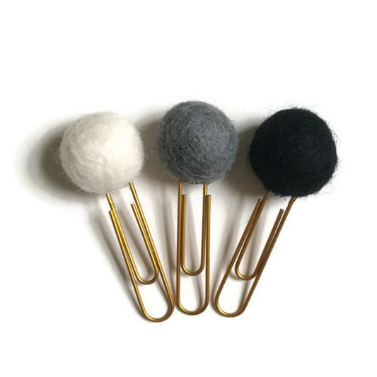 Snow, Slate, & Ebony Felt Pom Paper Clips