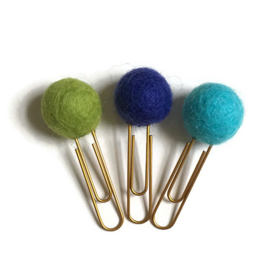 Pea Green, Cobalt, & Celeste Felt Pom Paper Clips