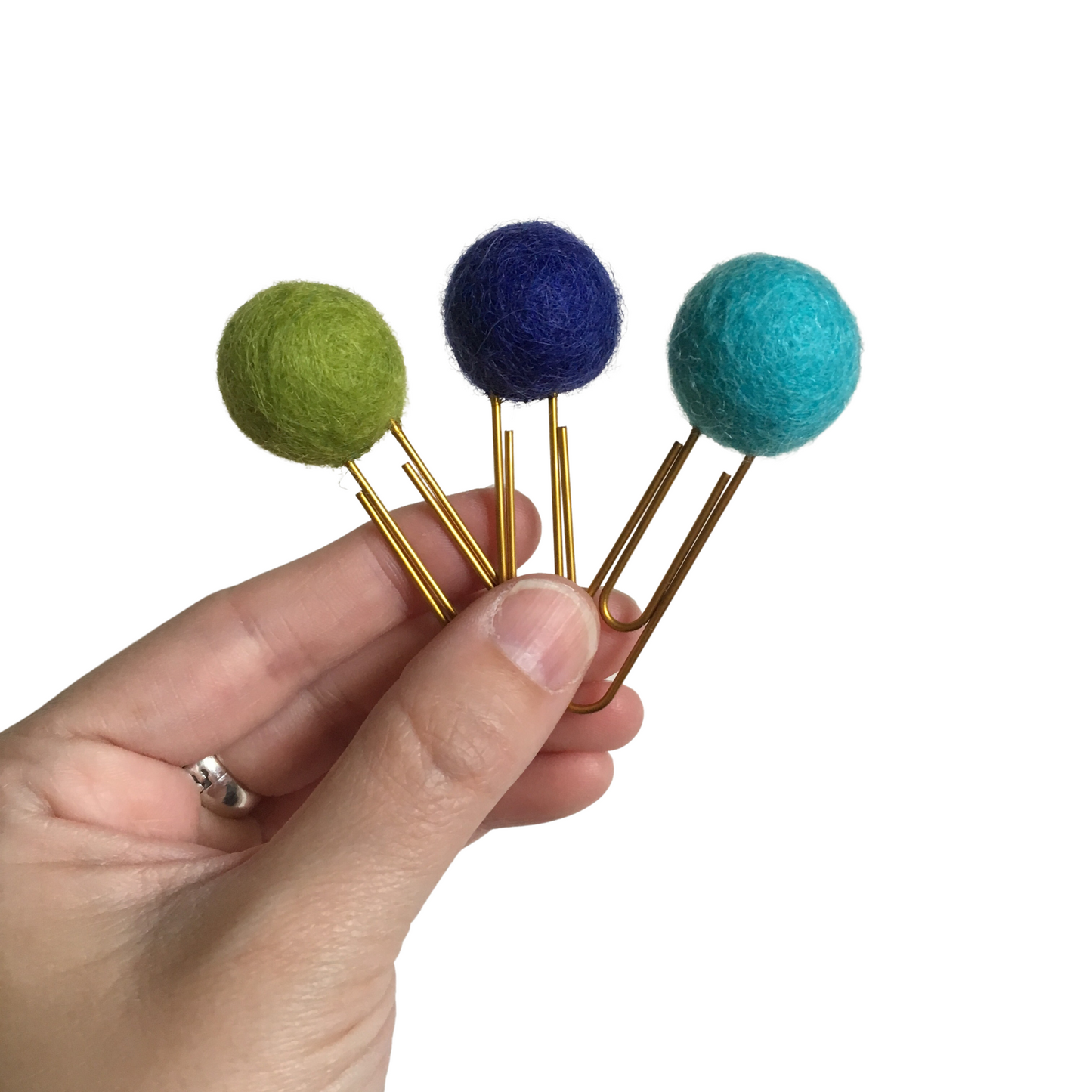 Pea Green, Cobalt, & Celeste Felt Pom Paper Clips