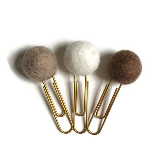 Beige, Snow, & Chocolate Felt Pom Paper Clips