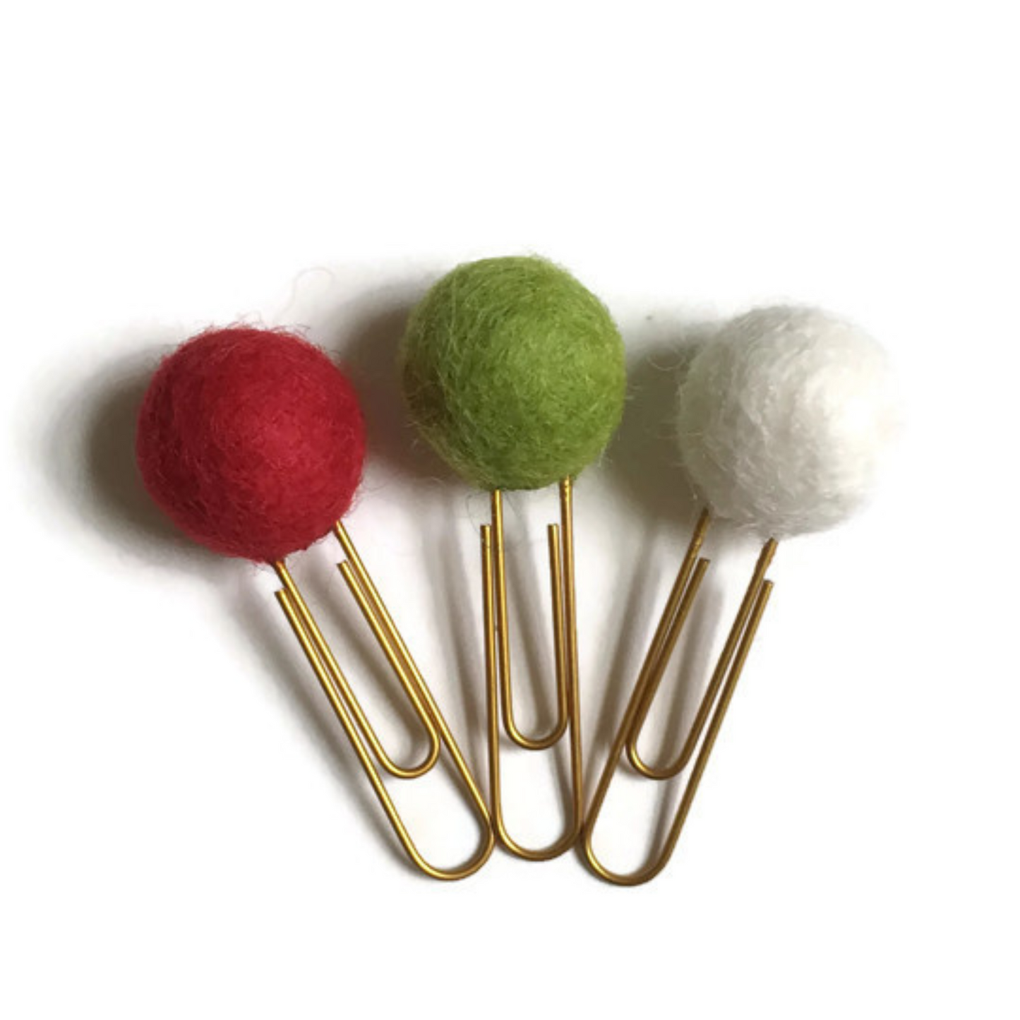 Scarlet, Pea Green, & Snow Felt Pom Paper Clips