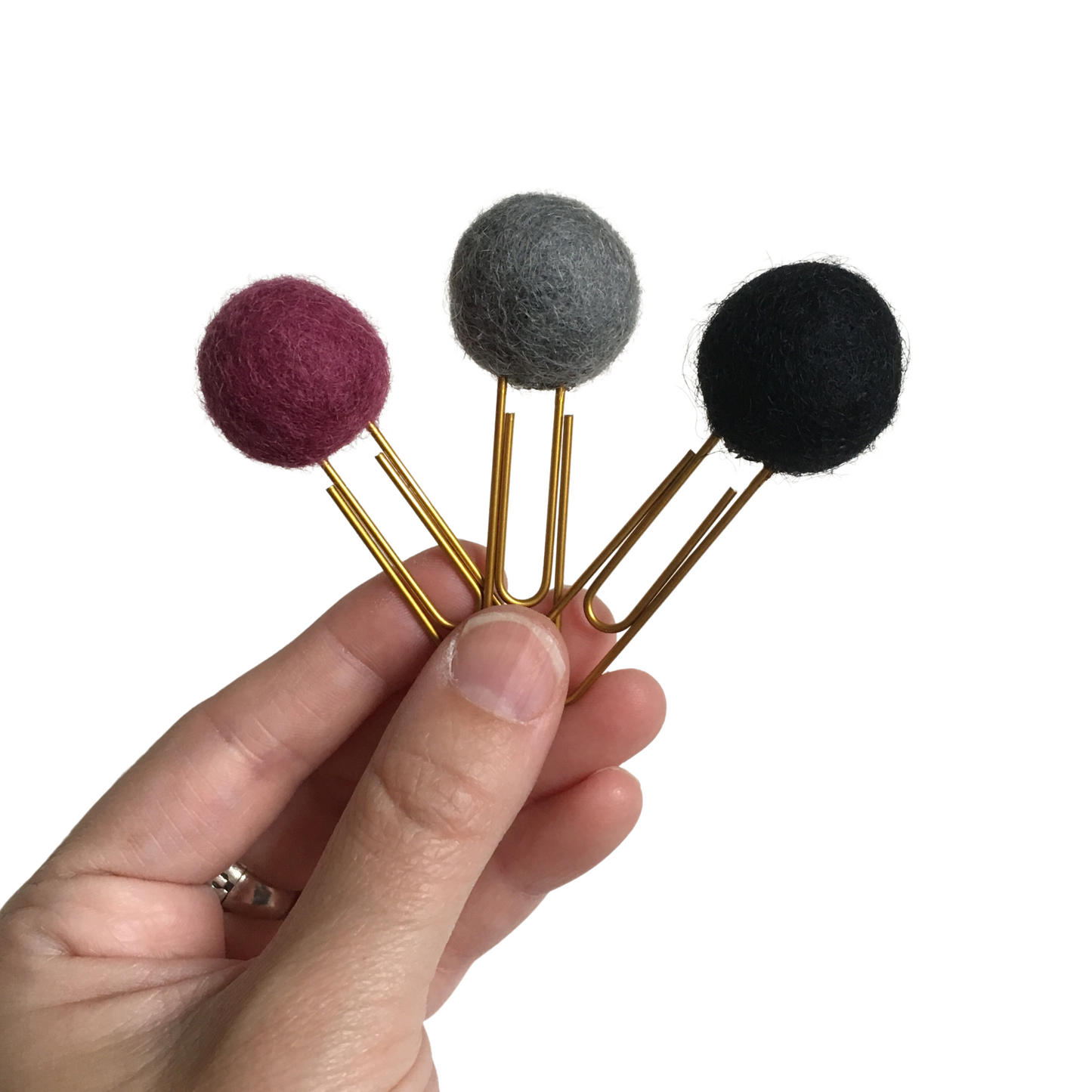 Raspberry, Slate, & Ebony Felt Pom Paper Clips